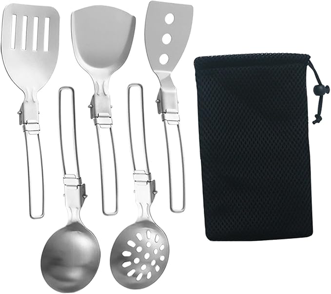Esquirla 6Pcs Camp Cooking Utensil Set,Outdoor Kitchen Gear, Foldable Cooking Organizer Metal Camping Kitchen Utensil Set, Cookware Kit for Camp RV, BBQ
