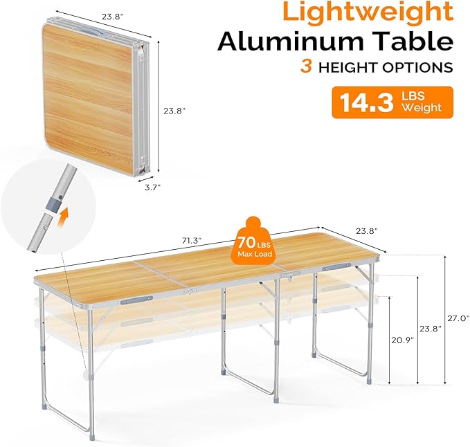 VINGLI 6ft Folding Camping Table with Carry Handle,Portable Utility Table Multipurpose for Party Picnic Tailgating Outdoor Patio Garden Indoor Kitchen …