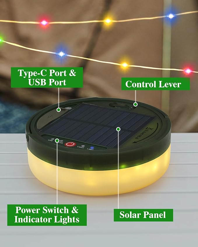 Anpro Solar Camping String Lights 4 in 1, 32.8Ft Ultra Long Multi-Color LED String, 3600mAh Solar Powered and USB Rechargeable Light with Remote Control, Portable Camping Light for Hiking, Decoration