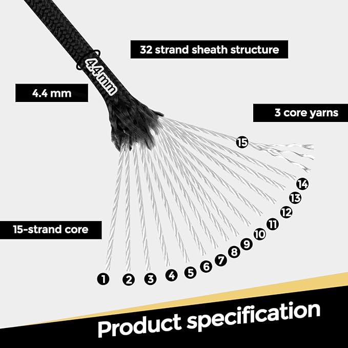 1200lb Paracord Rope, 4.4mm 15 Triple Strands Paracord, Heavy Duty Tactical Parachute Cord for Survival Gear, Camping, Hiking, and Ideal for Bracelets, Lanyards, Type III