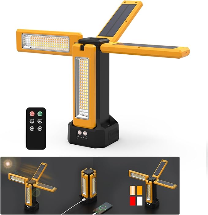 iodoo 13200mAh Rechargeable Solar Work Light, IPX4 Waterproof with Folding Stand Support and Portable Carrying Bag, 8000 Lumen Stepless Dimmable, 4 Lighting Modes, White/Warm/Warm White (No Tripod)