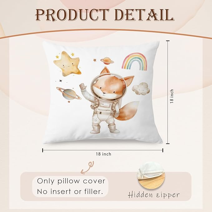 SPBL&L Fox Bunny Astronaut Nursery Pillow Covers 18x18 Set of 2, Space Nursery Decor, Space Planets Cosmic Animal Decorative Throw Pillow Covers for Kids Boys Girls Room Playroom