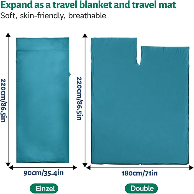 Ultralight Sleeping Bag Liner, Satin Sleep Sack, Comfy Breathable & Cooling & Silky Soft liner, Travel Sheets & Adult Sleep Sack with 2 Way Zipper, Ideal for Backpacking, Hotel, Camping, Hostels