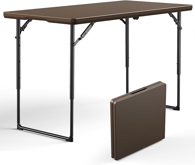 Folding Table 4ft - Heavy Duty Fold-in-Half Plastic Table with Adjustable Height, Portable Utility Tables with Steel Legs for Indoor, Outdoor, Picnic, Camping, Dining, Party(Brown)