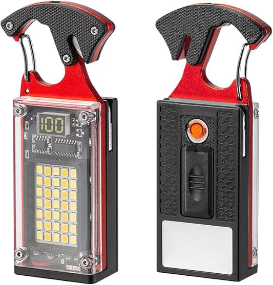 BY-J LED Multitool Small Flashlight, Keychain Light, COB Multi-Function Mini Work Light, 1000 Lumens Rechargeable, 8 Lighting Modes, Fire Starter, Seat Belt Cutter, Screwdriver, Red