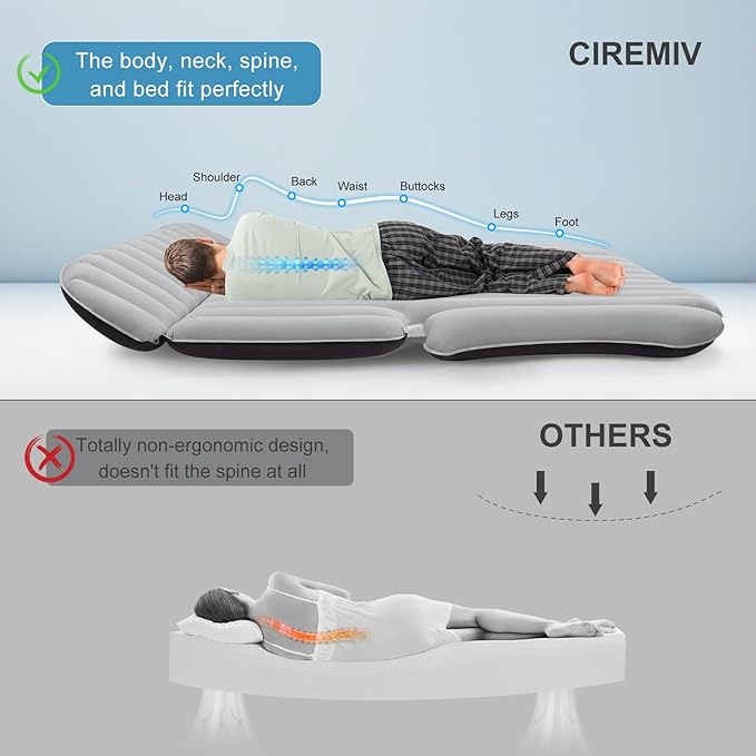 Ciremiv SUV Air Mattress with Double-Sided-Thick Flocked,Car Mattress with Pump & Pillow,Leakproof Durable Car Air Mattress,Car Bed for Auto Camping,Road Trip，Double-Sided Flocking（Black+Grey）