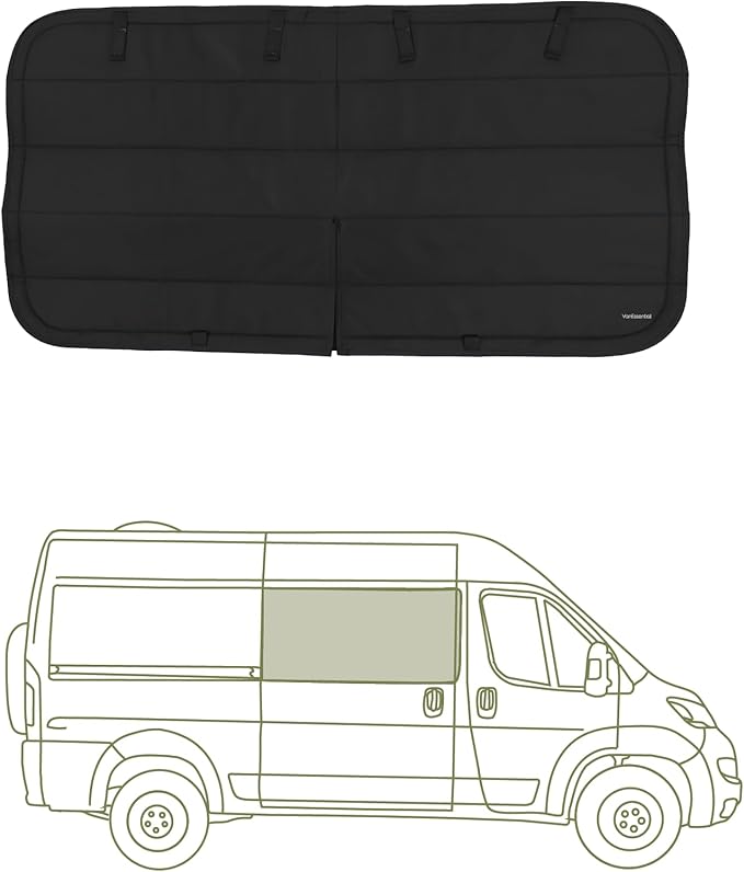 VanEssential Insulated Stealth Blackout Sliding Door Window Cover Designed for RAM Promaster with Bare Metal Window Frame Van Years 2014 to Current Model - Black