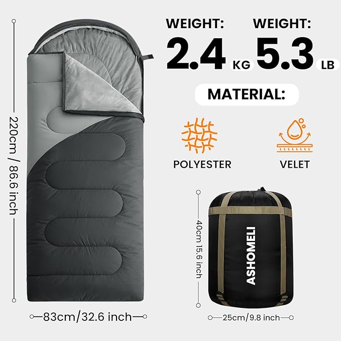 ASHOMELI Camping Sleeping Bags for Adults - 4 Season Warm & Cool Weather - Summer, Spring, Fall, Winter, Lightweight, Waterproof Sleeping Bag for Camping, Traveling, Indoors and Outdoors