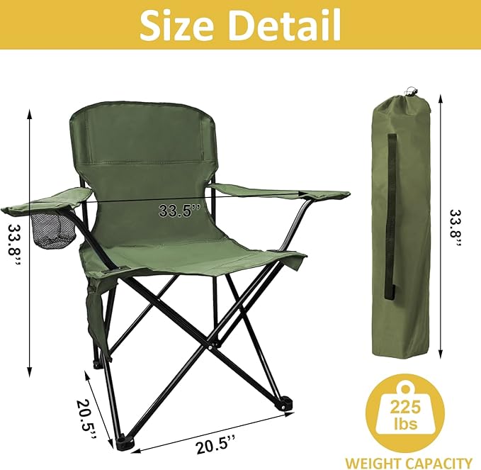 Folding Camping Chair with Cup Holder & Storage Bag, 225lbs Capacity, Large Anti-Sink Feet, Breathable PE Coated Fabric for Outdoor, Hiking, Beach, Fishing, Backpacking, 2PCS Green