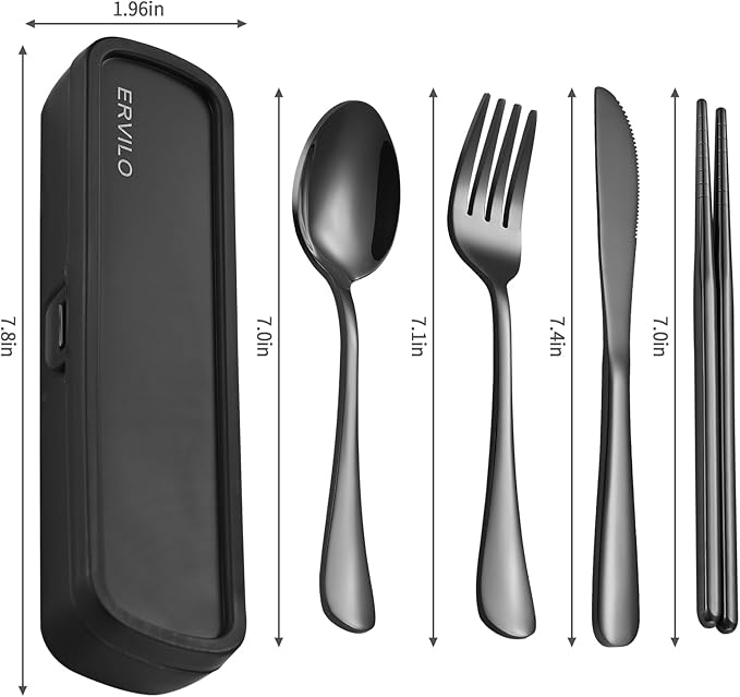 Travel Utensils with Case, Stainless Steel Camping Cutlery Set, Reinforced Case with Snap-Lock Closure, Include Fork Spoon Knife Chopsticks, Portable Lunch Box Silverware for Picnic Office, Black