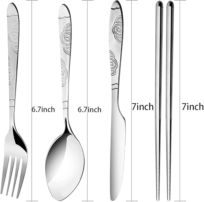 Arroyner 6 Pack Reusable Flatware Sets Knife, Fork, Spoon, Chopsticks, 24Pcs Portable Travel Stainless Steel Tableware Dinnerware with Carrying Case