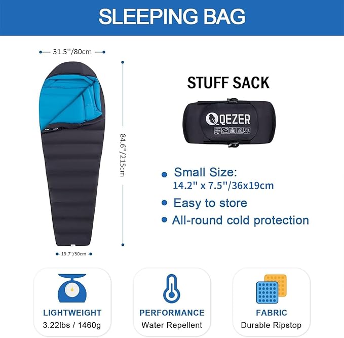 Down Sleeping Bag for Adults, 0°F 10°F 15°F 20°F 600 Fill Power Mummy Lightweight Compact Cold and Warm Weather Backpacking Sleeping Bag for Camping Hiking Outdoor All Seasons