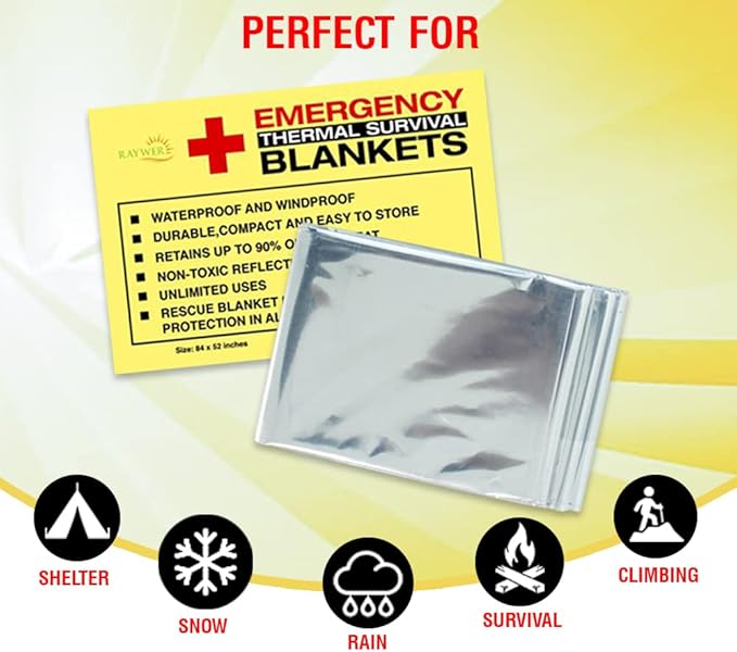 Rawyer Emergency Thermal Survival Blankets (4 Pack), Mylar Blankets for Outdoor, Camping, Hiking, Harsh Weather, Large Silver Thermal Sheets, Heavy Duty Survival Gear (4 pcs, Size 84x52)