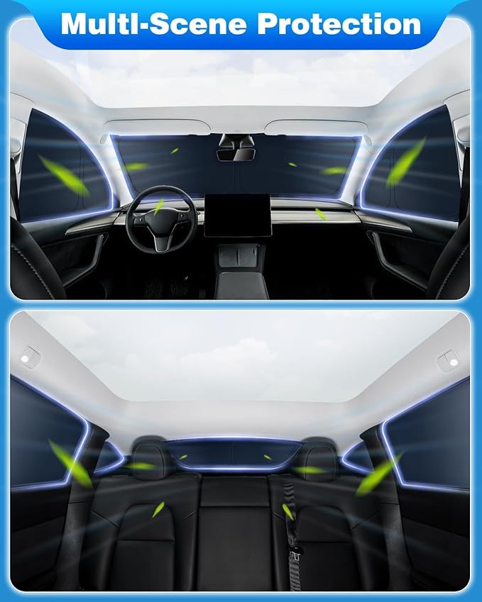 New Upgraded Window Shades for Tesla Model Y 2020-2025 Sun Protection UV-Resistant Fabric All-Round Sunshade Convenient Rest Accessories for Model Y Windshield Side Rear Silver & Black Full Set 8PCS