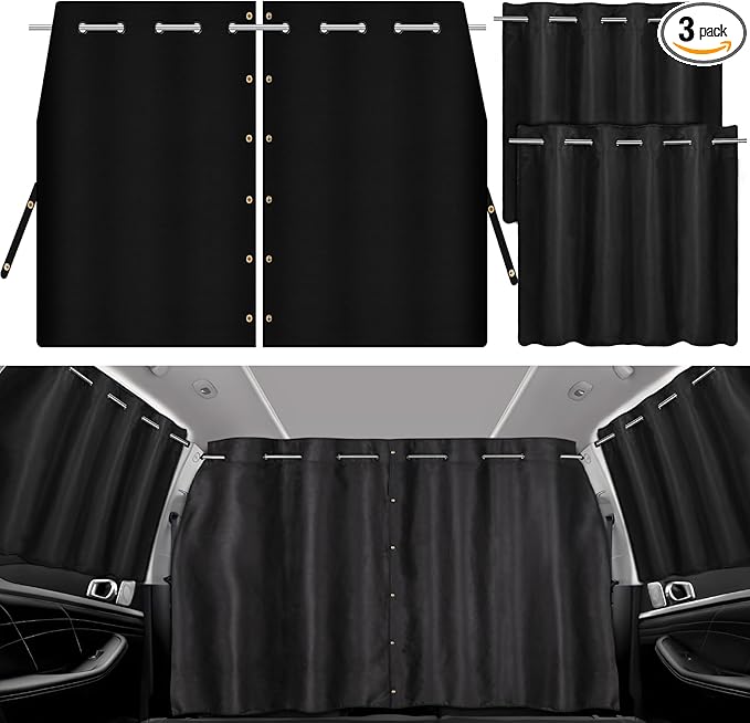 XCBYT Car Privacy Divider Curtains (3-Pack), Rigid Rod-Mounted Total Blackout Set - No Sag, No Strings - Rear Seat Divider & Side Window Shades for Car Camping, Baby Naps