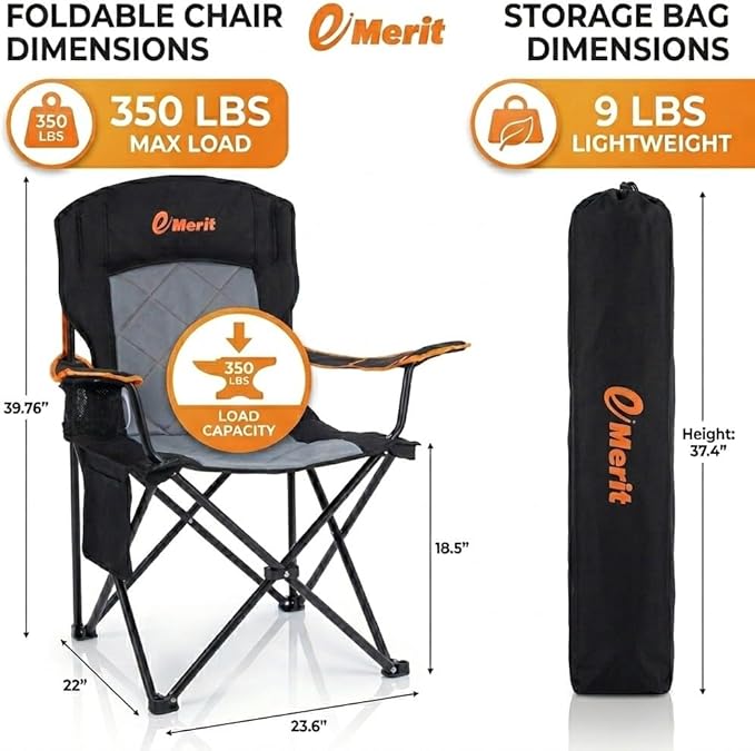 EMERIT Oversized Padded Camping Chair, 350LB Heavy Duty Quad Fold Chair with Arms, Collapsible Outdoor Chairs with Lumbar Back & Cup Holder