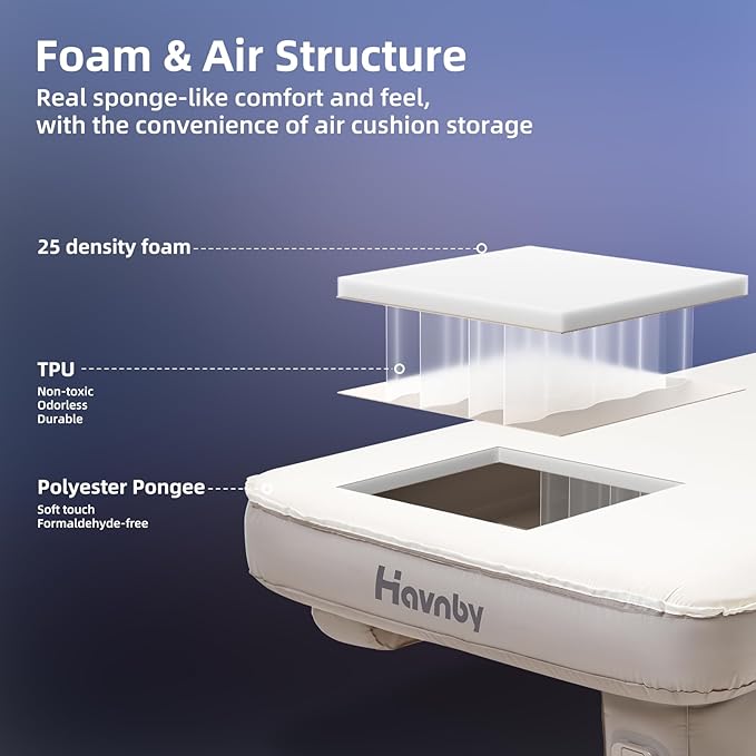Havnby Truck Cabin Mattress, Inflatable TPU Air Foam SnugNest for Back Seat, Camping Bed with Rechargeable Built-in Pump, Portable Sleeping Mattress for Nissan Pickup Trucks