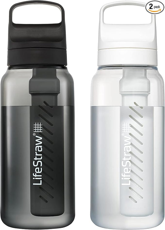 LifeStraw Go Series – BPA-Free Water Filter Bottle for Travel and Everyday Use, Removes Bacteria, Parasites and Microplastics, Improves Taste, 1L 2-Pack Icelandic Blue and Aegean Sea