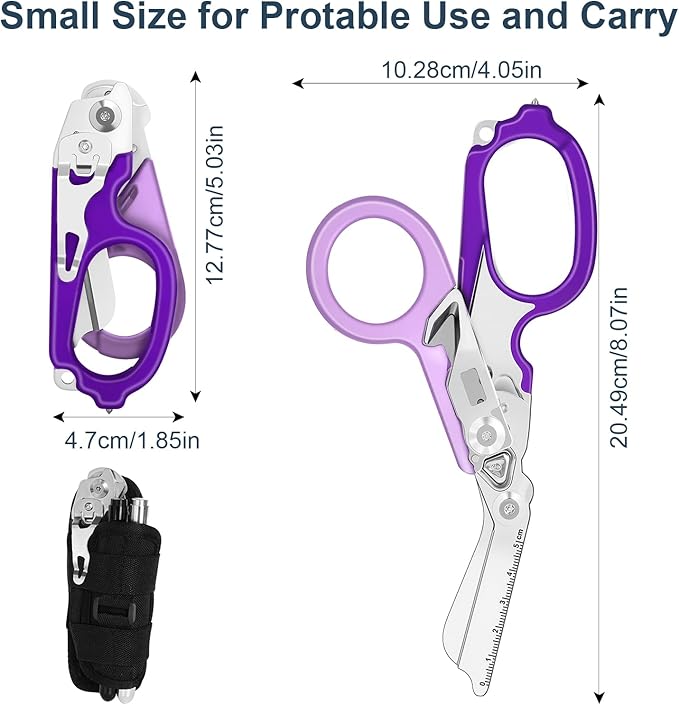 6 In1 Multifunction Emergency Response Shears, Stainless Steel Foldable Trauma Shears with Strap Cutter and Glass Breaker,Medical Scissors with Holster and Penlight Purple