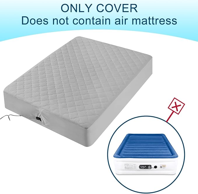 Queen Air Bed Mattress Pad with 15-24 Inch Deep Pockets - Waterproof Protector for Warm Sleep & Cold Air Insulation,Perfect for Camping, Guest Bed, Pets & Overnight Visitors-Gray