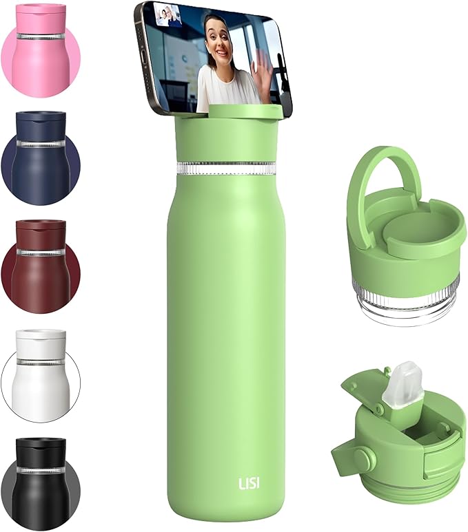 LISI 30oz Insulated Water Bottle, Double Wall Stainless Steel Water Bottles with Straw, 100% Leak-Proof Travel Thermal Canteen Mug with 2 Lids (Straw, Phone Holder Lid) & Cleaning Brush
