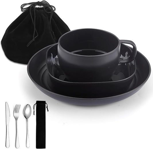 Camping Utensils, ReaNea Camping Plates and Bowls Set with Coffee Mug, Travel Cutlery Include Spoon, Fork, Knife for Home, Poolside, Outdoor, Picnic, Camp