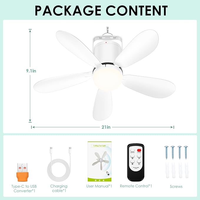 21” Battery Operated Ceiling Fan Light, Portable Ceiling Fan with Remote, Wireless Rechargeable Gazebo Fan Light for Outdoor, for Tent Porch Patio Camping Canopy Chicken Coop Outside