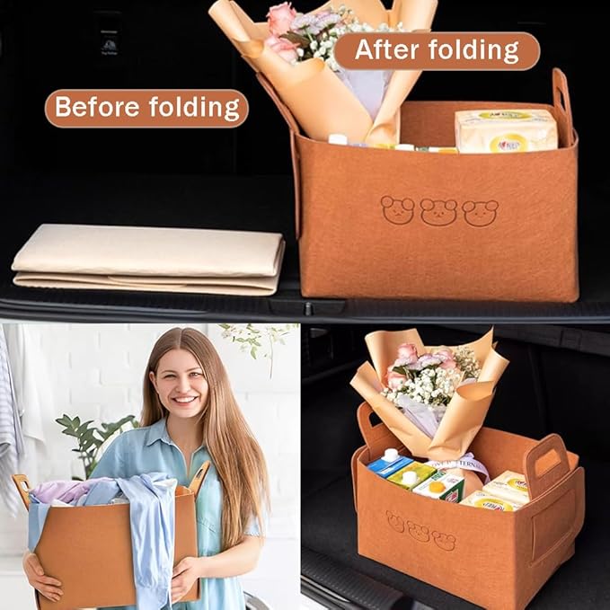OULIGET Collapsible Car Trunk Organizer,Felt Large Capacity Sturdy Car Storage for Car Sedan or SUV,Portable Space Saving Multipurpose Storage Basket with Handles (Brown, Large)