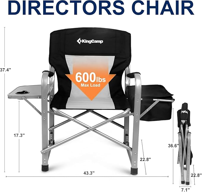 KingCamp XXL Oversized Directors Chair with Side Table, Folding Camping Chairs Heavy Duty 600lbs with Cooler Bag, Portable Camp Chair with Wide Seat for Hiking Fishing Lawn Outdoor and Sports
