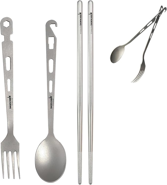 3Pcs- Titanium Fork Spoon Chopsticks Set - Camping Tongs | Ultralight Backpacking Utensils, Travel Cutlery Set, Heat-Resistant & Rustproof, Hiking Survival Gear