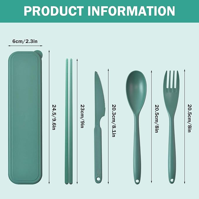 Large Reusable Travel Utensils Set with Case, Plastic Set for Adults Travel Picnic Camping, Portable Flatware Cutlery Set with Chopsticks for Daily Use(Dark Green)