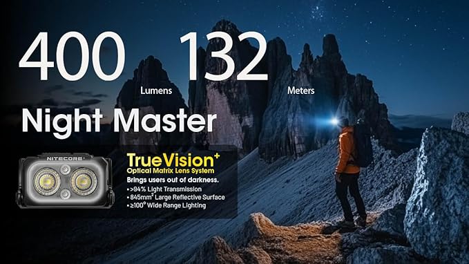 Nitecore NU25 MCT 400 Lumen Lightweight USB-C Rechargeble Outdoor Headlamp with Multiple Color Temperatures Warm Natural, Cold Lights and Red Light (Headband, Black)