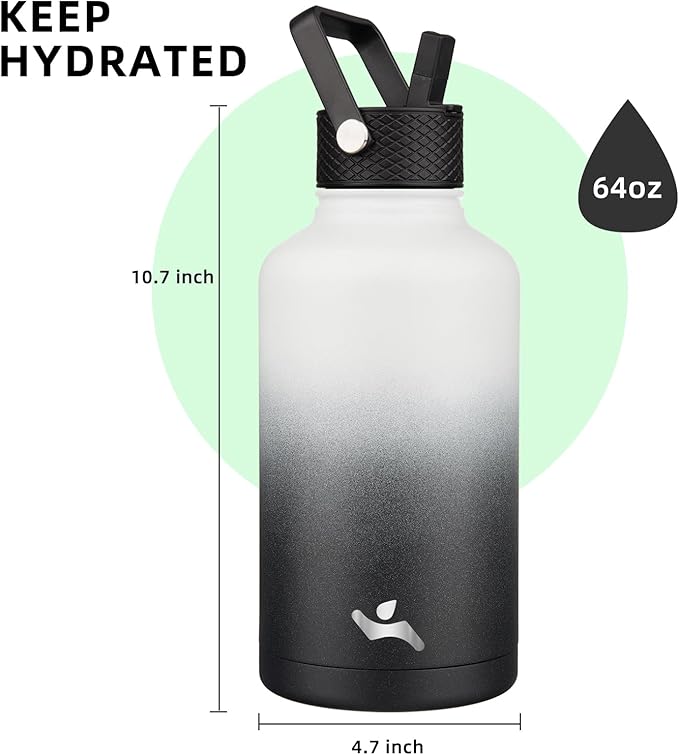 Konokyo Half Gallon Insulated Water Bottle with Straw,64 oz 3 Lids Water Jug with Carrying Bag,Paracord Handle,Double Wall Vacuum Stainless Steel Metal Flask,Day Night