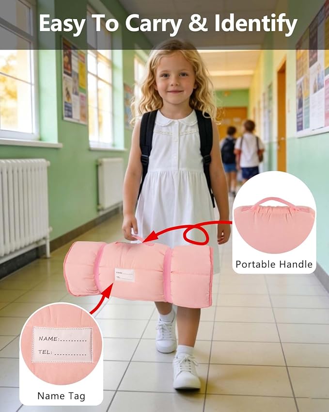 Primlect Lightweight Toddler Nap Mat, Portable Rolled Design Perfect for Daycare Travel, 51”x31 All-in-One Sleeping Bag with Removable Pillow and Fleece Blanket for Boys Girls, Machine Washable