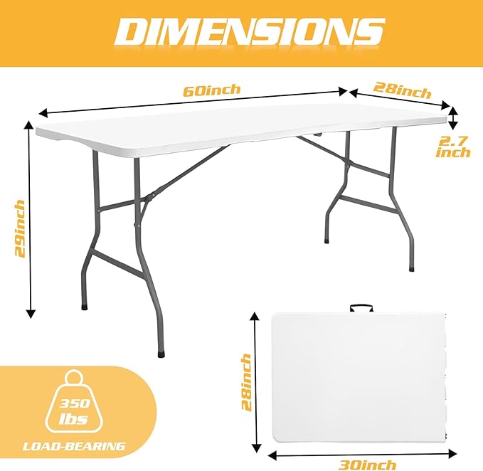 Camp Field 5ft Heavy Duty Portable Table, Folding Table for Indoor & Outdoor Picnic & Card Table for Picnic, Party, Camping. (White, 5FT)