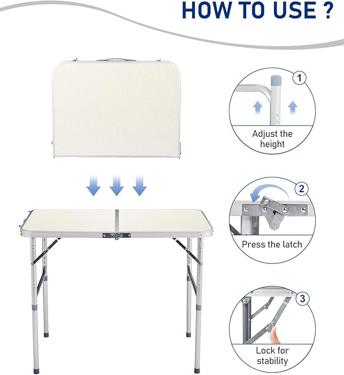 Outvita 3ft Portable Folding Camping Table, Outdoor Waterproof Adjustable Height Table, Aluminum Lightweight Suitcase Foldable Table for Picnic BBQ Beach Dining