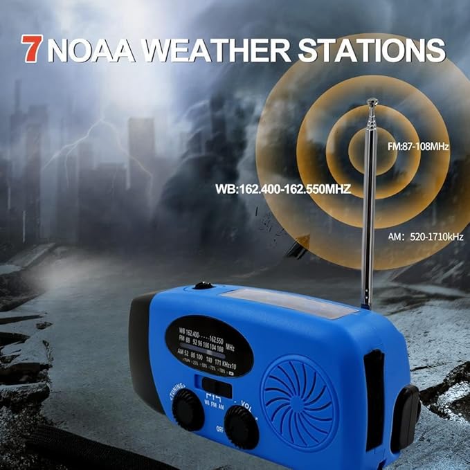 iRonsnow Solar Emergency Hand Crank Weather Radio, Portable Self Powered NOAA AM/FM Radios with SOS Alarm LED Flashlight 5000mAh Smart Phone USB Charger for Camping (Blue)