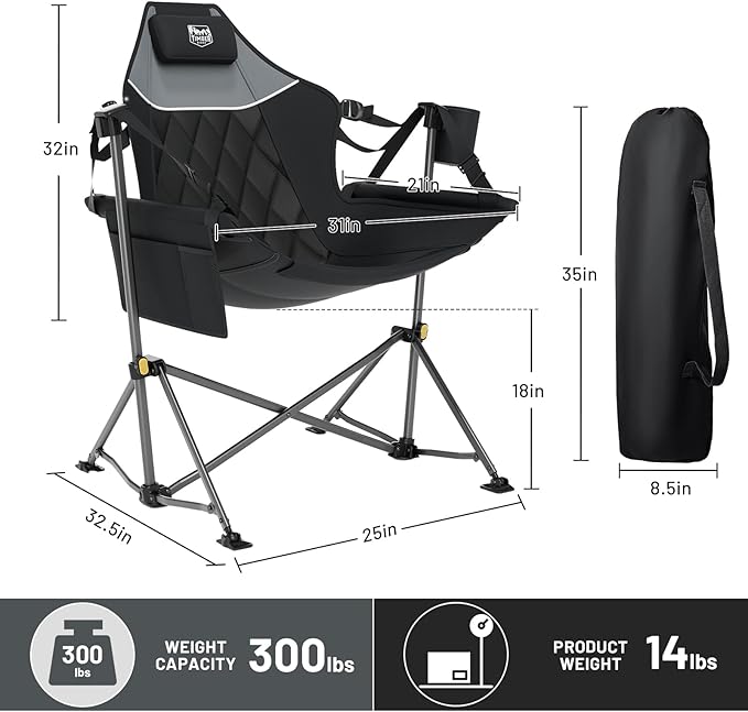 TIMBER RIDGE Hammock Camping Chair with Adjustable Backrest, Heavy Duty Folding Hammock Chair Supports 300lbs, Portable Hammock Chair for Camping, Travelling and Patio, Black