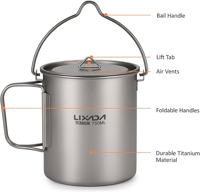 Lixada Titanium Camping Cookware with Folding Spork, 750ml Camping Titanium Pot & 450ml Coffee Mug with Foldable Handle & Lid, Portable Outdoor Cookware Set for Backpacking Hiking Cooking