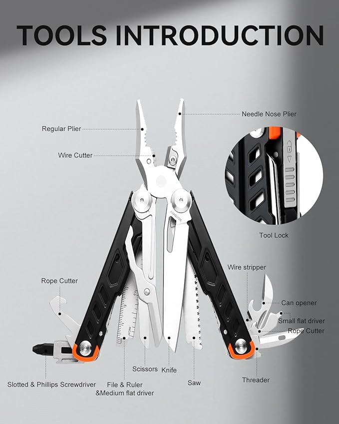 Multitool 15-in-1 Stainless Steel Multi Tool Pliers with Knife, Spring-Action Pliers and Scissors, Multitool for Survival, Camping, Hiking, Gifts for Men (Black)