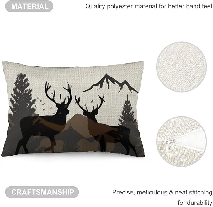 ITFRO Hand-Painted Oil Painting Rustic Forest Wildlife Deer Pine Tree Waist Lumbar Cotton Linen Throw Pillow Case Cushion Cover Long Oblong 12x20 inches (Brown)