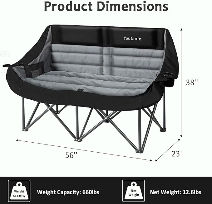 Youtanic Oversized Double Camping Chair, Folding Loveseat Camping Couch with Pocket, Cup Holder and Carry Bag, Heavy Duty Portable Camping Chairs for Adults, Fishing, Sports, Trip, up to 660lbs, Black