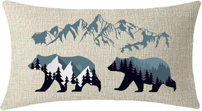 ITFRO Enjoy Holiday Outdoor Sports Forest Landscape Wildlife Animal Bears Mountains Lumbar Waist Cotton Linen Throw Pillow Case Cushion Cover Couch Sofa Decorative Rectangle 12x20 Inches (Blue)