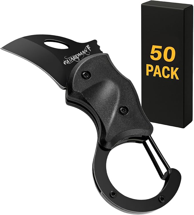 GUARDMAN Bulk 50 Pack - Stocking Stuffers for Employeese Christmas Gifts for Corporate Gifting Keychain Carabiner Pocket Knife | Folding EDC Blade with Clip | Mini Stainless Steel Utility Knife for Men | Camping, Hiking, Fishing, Survival Tool