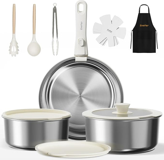 14 pcs Stainless Steel Cookware Set, Detachable Pots and Pans Set with Removable Handle, Non Toxic Space Saving RV Camping Cookware Set, Induction Cookware, Dishwasher & Oven Safe