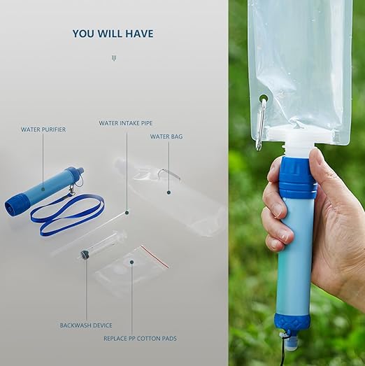 Portable Water Filter Straw with Storage Bag, Backwash Device, Camping Emergency Filtration System