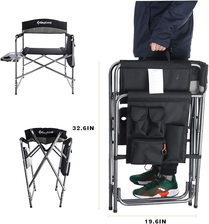 KingCamp Folding Camping Chair, Heavy Duty Portable Directors Style with Side Table Carry Handle Storage Pockets for Outdoor Tailgating Sports Backpacking Fishing, Black
