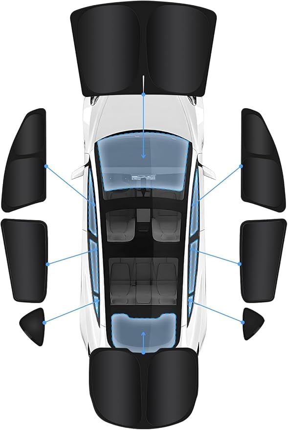 New Upgraded Window Shades for Tesla Model Y 2020-2025 Sun Protection UV-Resistant Fabric All-Round Sunshade Convenient Rest Accessories for Model Y Windshield Side Rear Silver & Black Full Set 8PCS