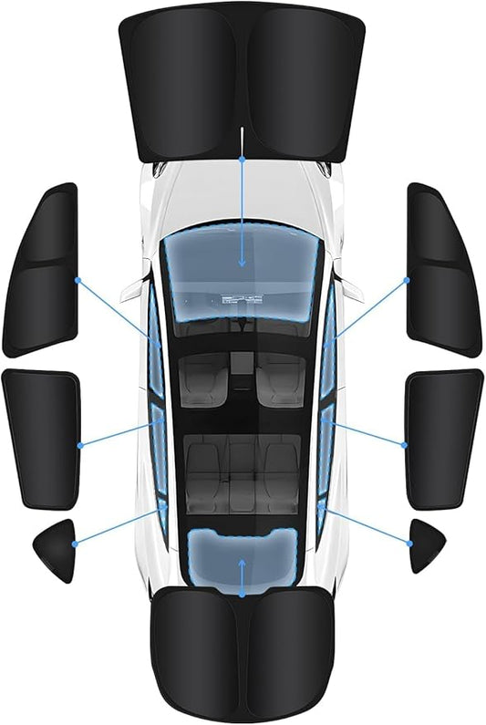New Upgraded Window Shades for Tesla Model Y 2020-2025 Sun Protection UV-Resistant Fabric All-Round Sunshade Convenient Rest Accessories for Model Y Windshield Side Rear Silver & Black Full Set 8PCS