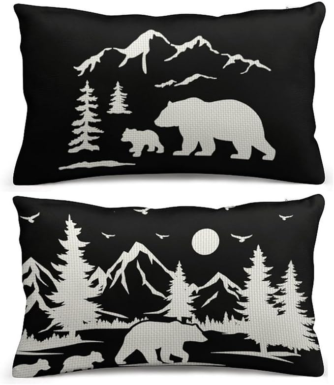 ITFRO Set of 2 Nice Gift Bear Throw Pillow Cover Pine Tree Forest Mountains Cotton Linen Lumbar Animal Cushion Case Farmhouse Home Decor for Bed Sofa Couch 12x20 Inches (Bear Set)